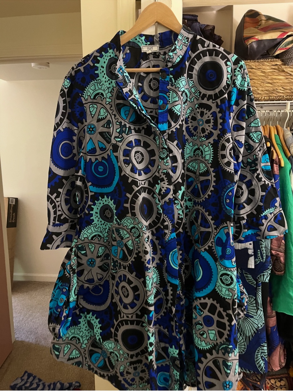 Zuri Kenya Blue & Teal Gear-Print Button Front Tunic